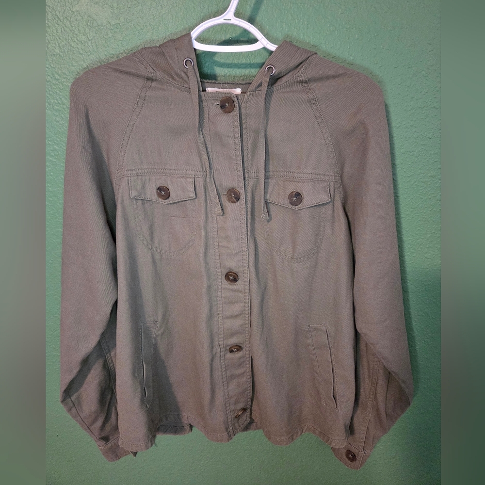 Maurices Olive Green Hooded Utility Jacket Button Front Lightweight Size L